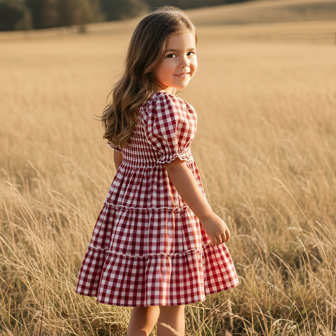 Girls Daisy Dress - Red Check 26
