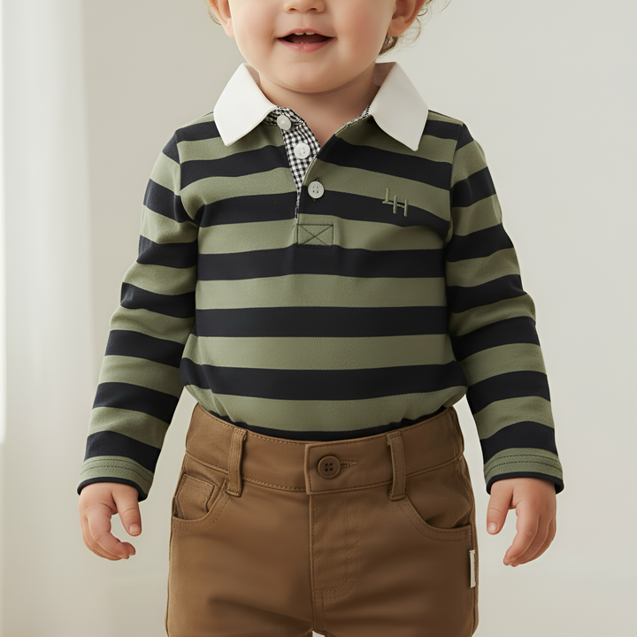 Baby Boys Freddie Polo Romper - Olive/Navy Stripe