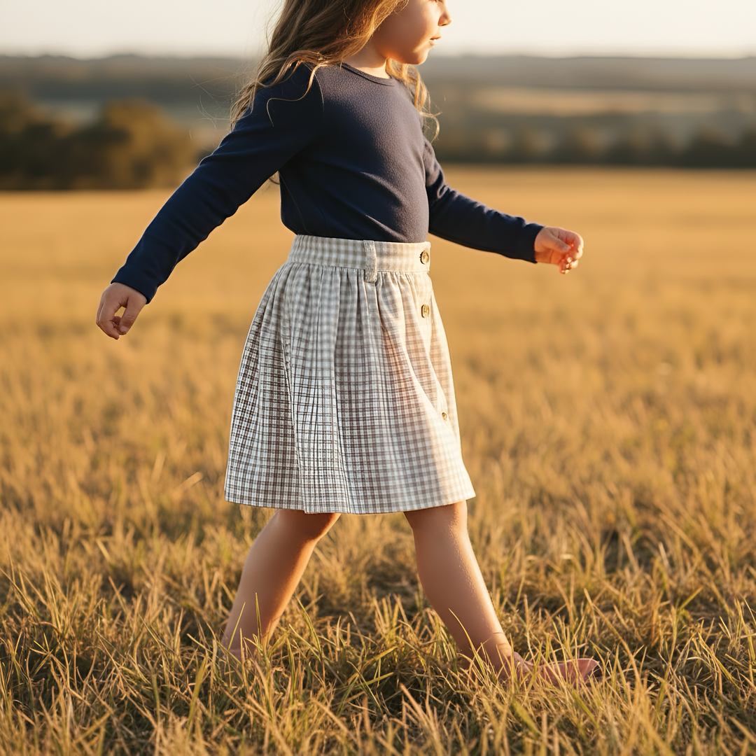 Girls Full Button Skirt - Beige Gingham