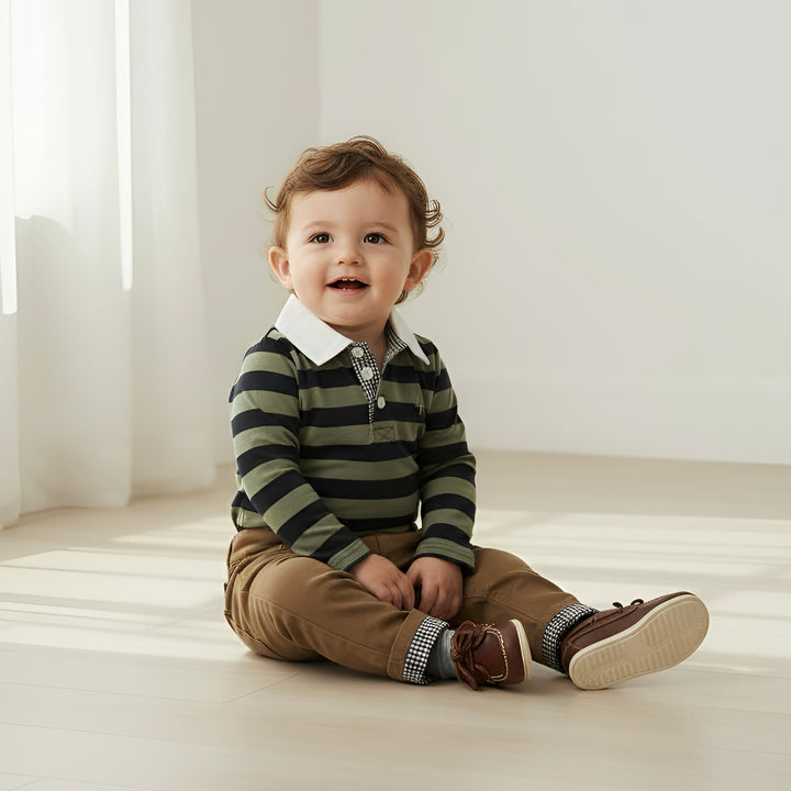 Baby Boys Freddie Polo Romper - Olive/Navy Stripe