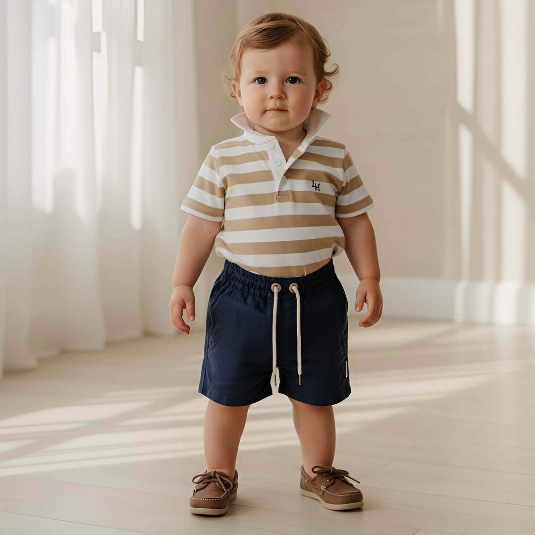 Baby Boys Rugby Polo Romper - Beige Stripe