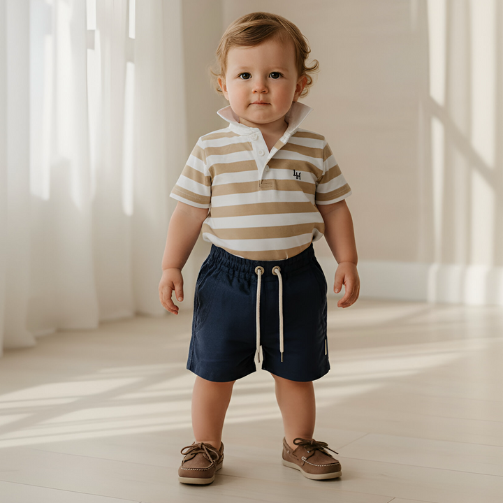 Baby Boys Rugby Polo Romper - Beige Stripe
