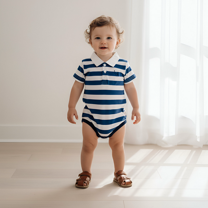 Baby Boys Rugby Polo Romper - Blue Stripe 26