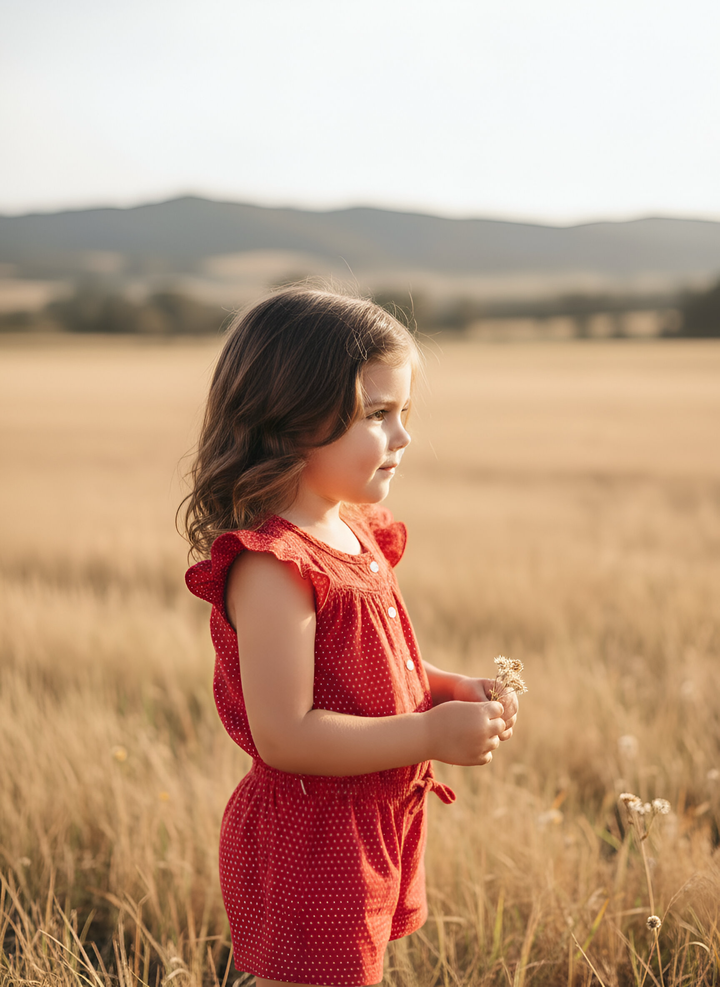 Girls Chloe Playsuit -  Red Polka Dots