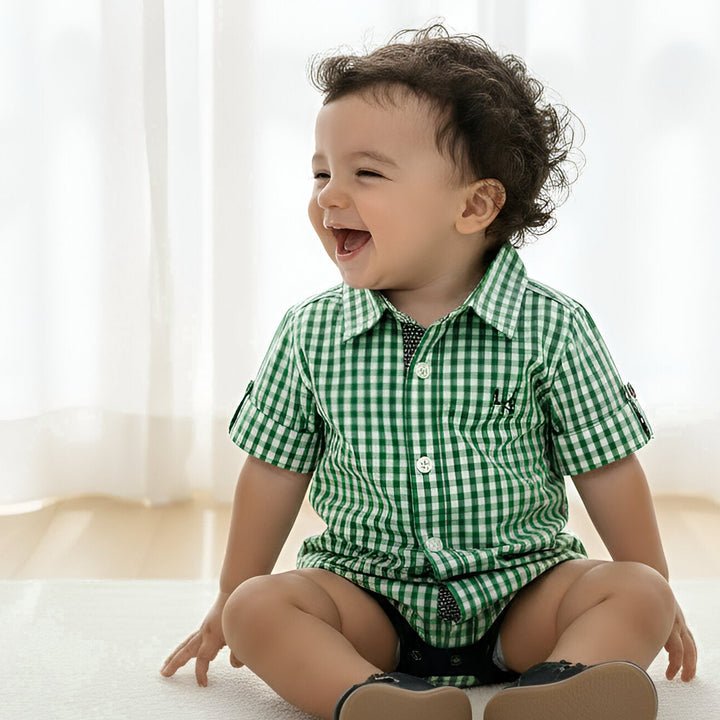 Baby Boys Dress Shirt Romper -  Bright Green Check