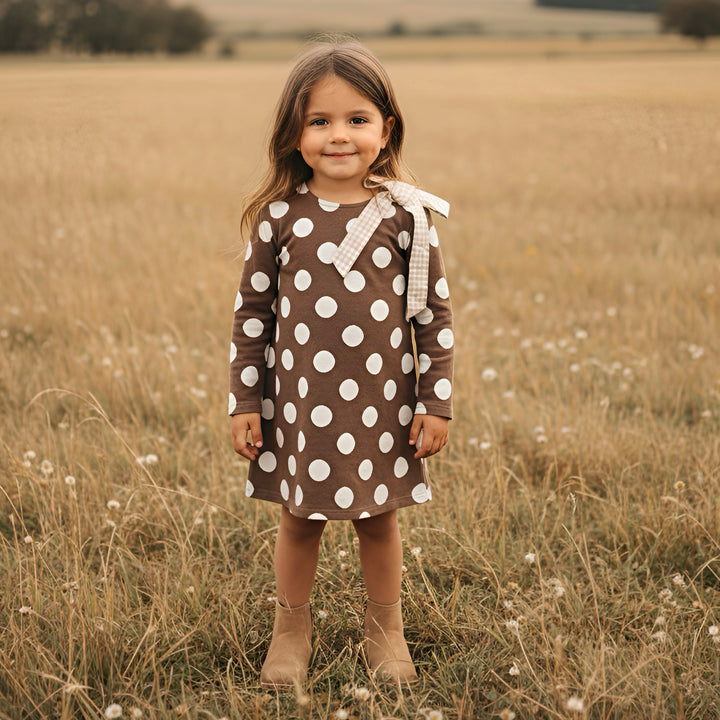 Girls Mary Dress -  Brown/White Spot