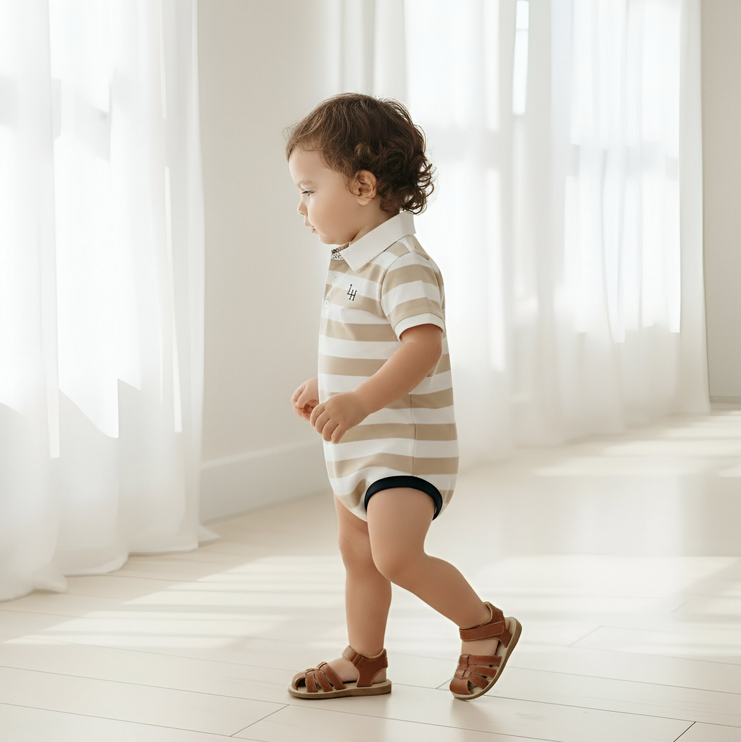 Baby Boys Rugby Polo Romper - Beige Stripe