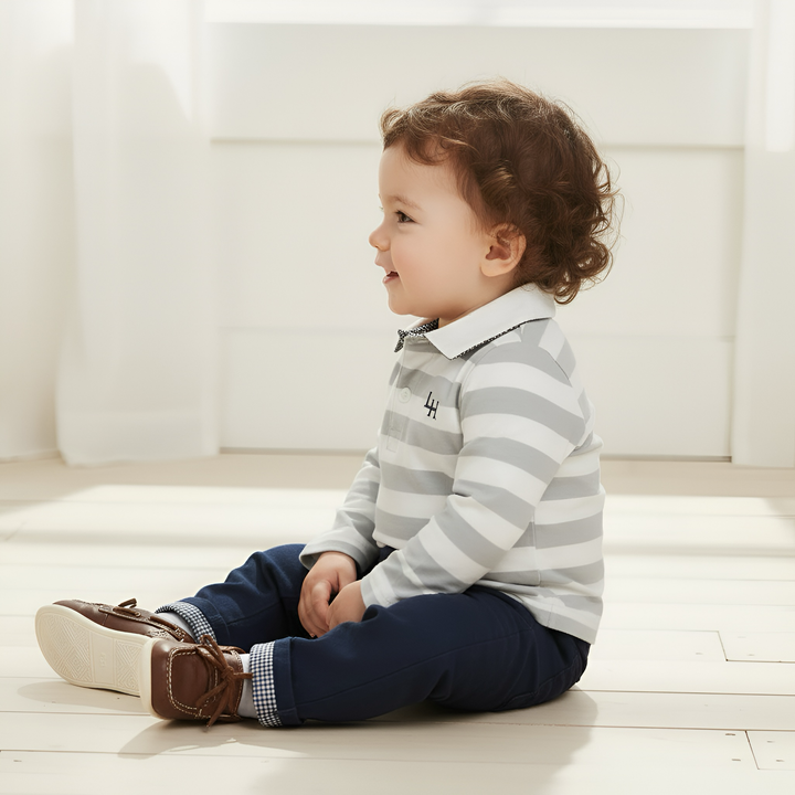 Baby Boys Freddie Polo Romper - Blue Stripe