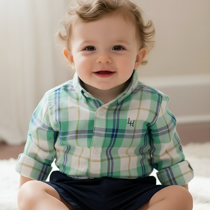 Baby Boys Dress Shirt Romper - Aqua Plaid 26