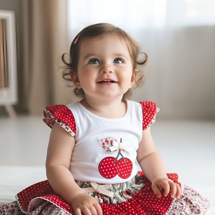 Baby Girls Applique Top - Red Cherries