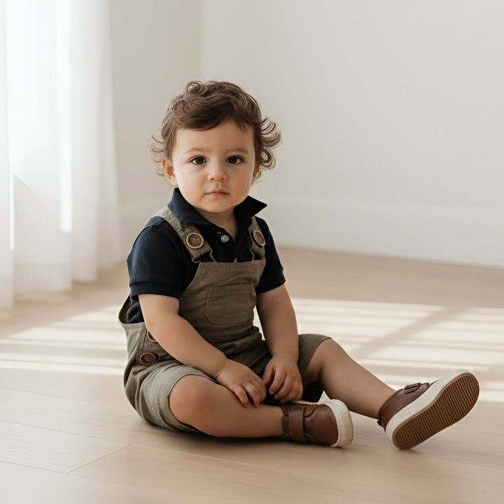 Baby Boys Roy Dungaree - Olive Brown Linen