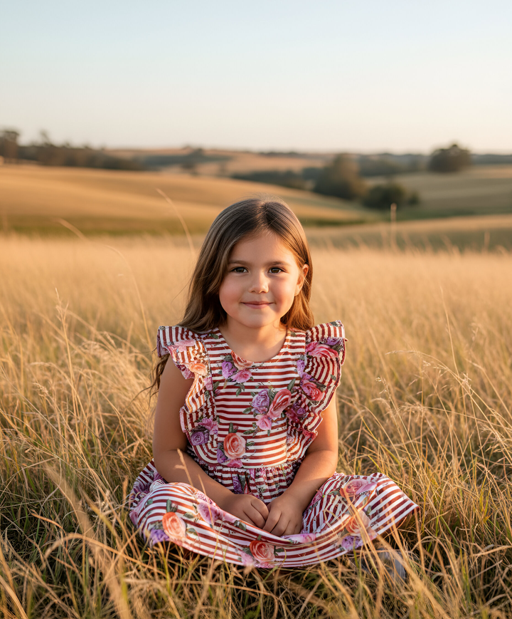 Girls Florence Summer Dress - Striped Blooms