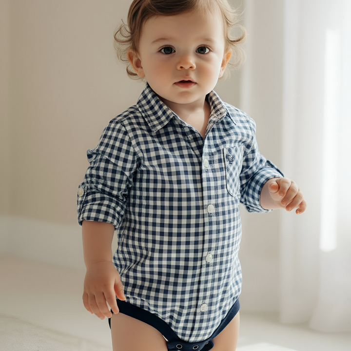 Baby Boys Dress Shirt Romper -  Blue Check 26
