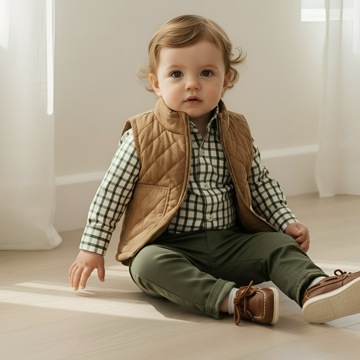 Baby Boys Oxford Shirt Romper - Olive Check