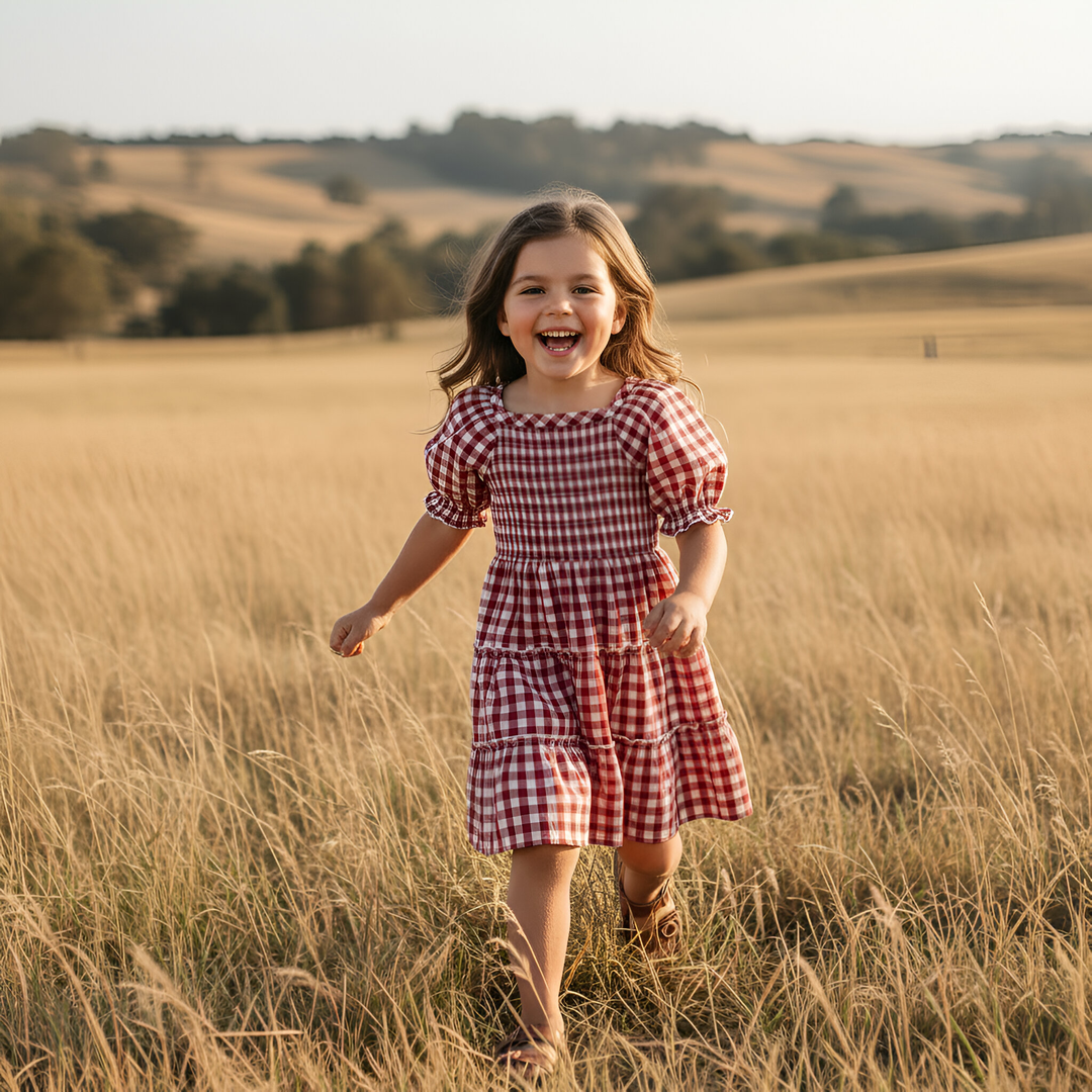 Girls Daisy Dress - Red Check 26