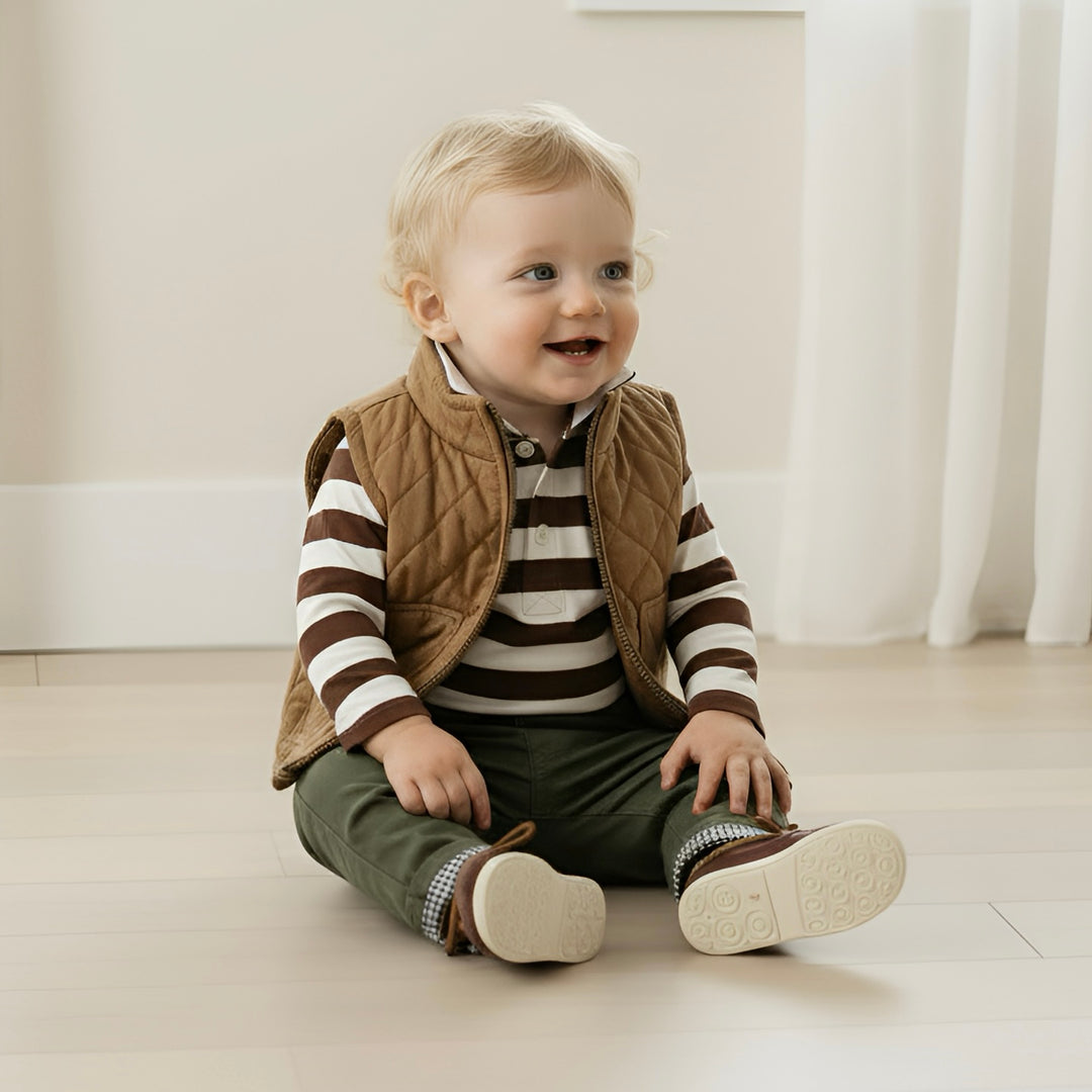 Baby Boys Freddie Polo Romper - Chestnut Stripe