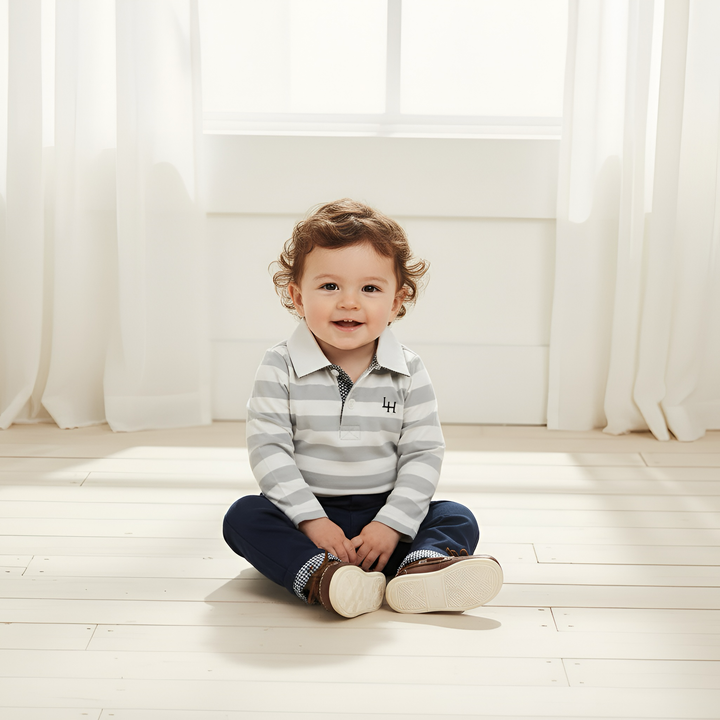 Baby Boys Freddie Polo Romper - Blue Stripe