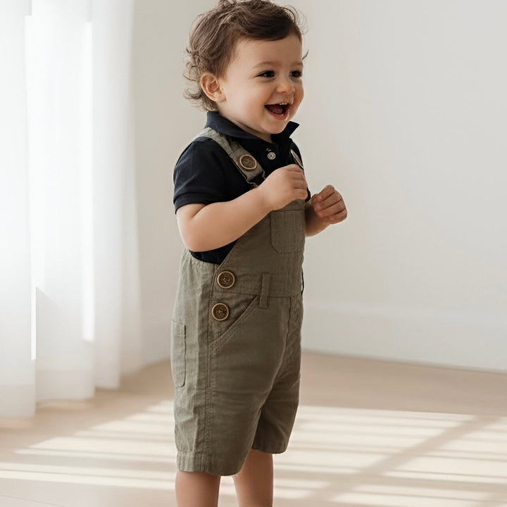 Baby Boys Roy Dungaree - Olive Brown Linen