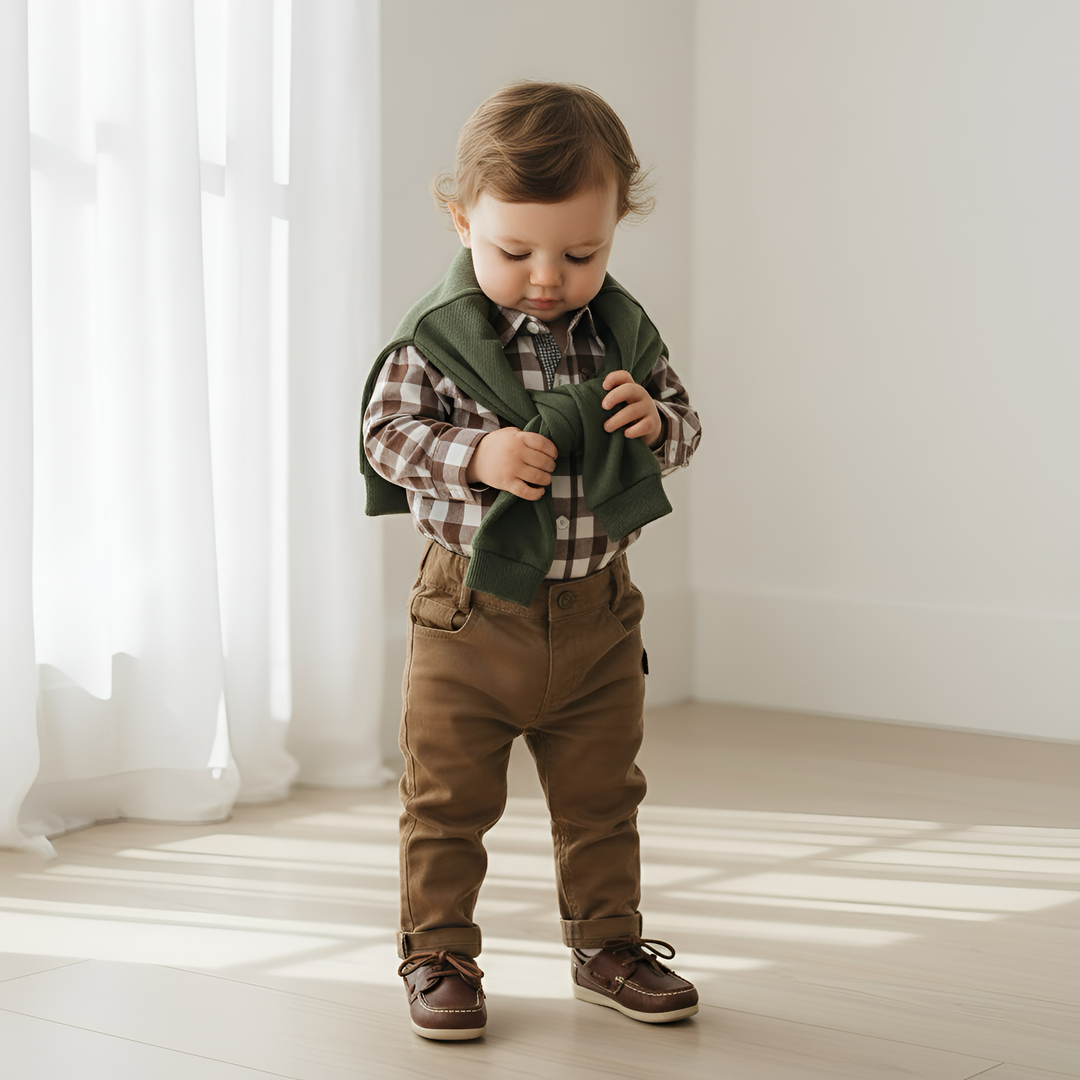 Baby Boys Dress Shirt Romper -  Large Chestnut Check