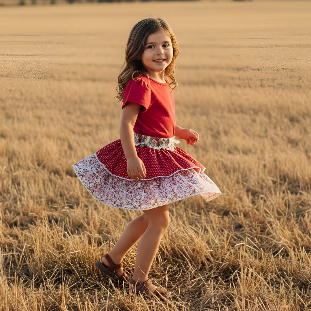 Girls Frill Sleeve Top - Red