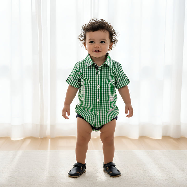 Baby Boys Dress Shirt Romper -  Bright Green Check