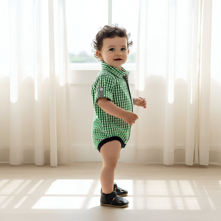 Baby Boys Dress Shirt Romper -  Bright Green Check