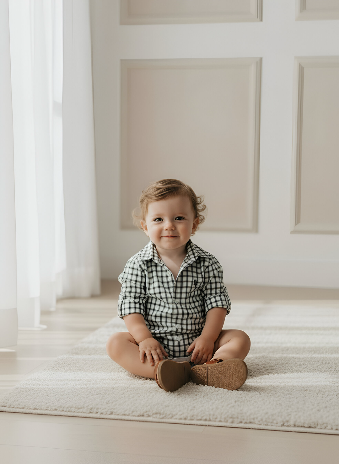 Baby Boys Oxford Dress Shirt Romper -  Green Check 26
