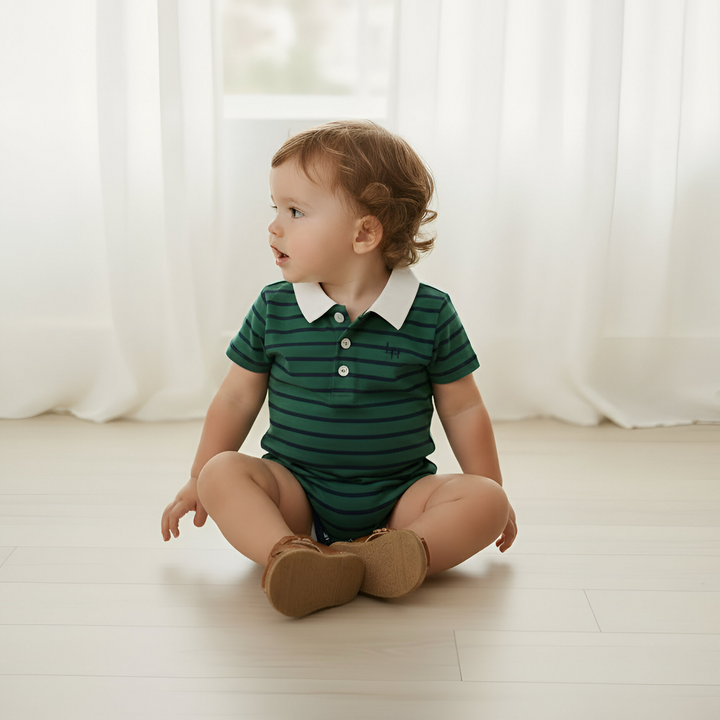 Baby Boys Rugby Polo Romper - Green Navy Stripe 26