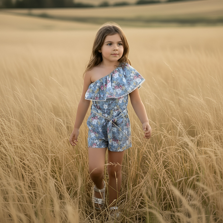 Girls Rosie One-Shoulder Playsuit - Blue Blossom