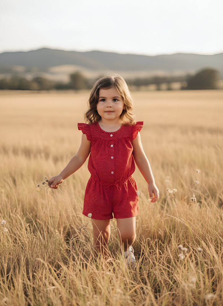 Girls Chloe Playsuit -  Red Polka Dots