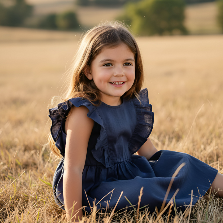 Girls Florence Summer Dress - Navy Linen