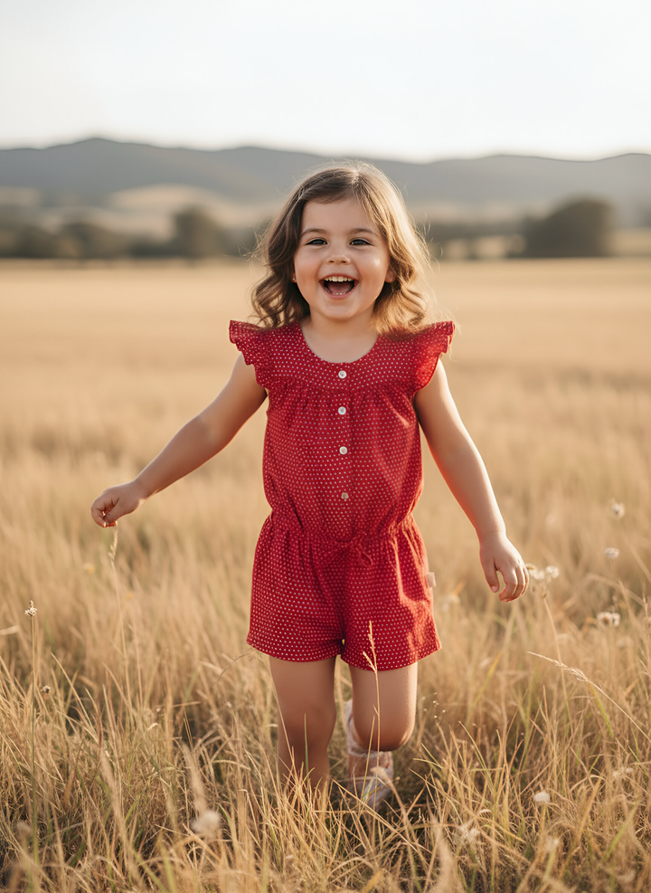 Girls Chloe Playsuit -  Red Polka Dots