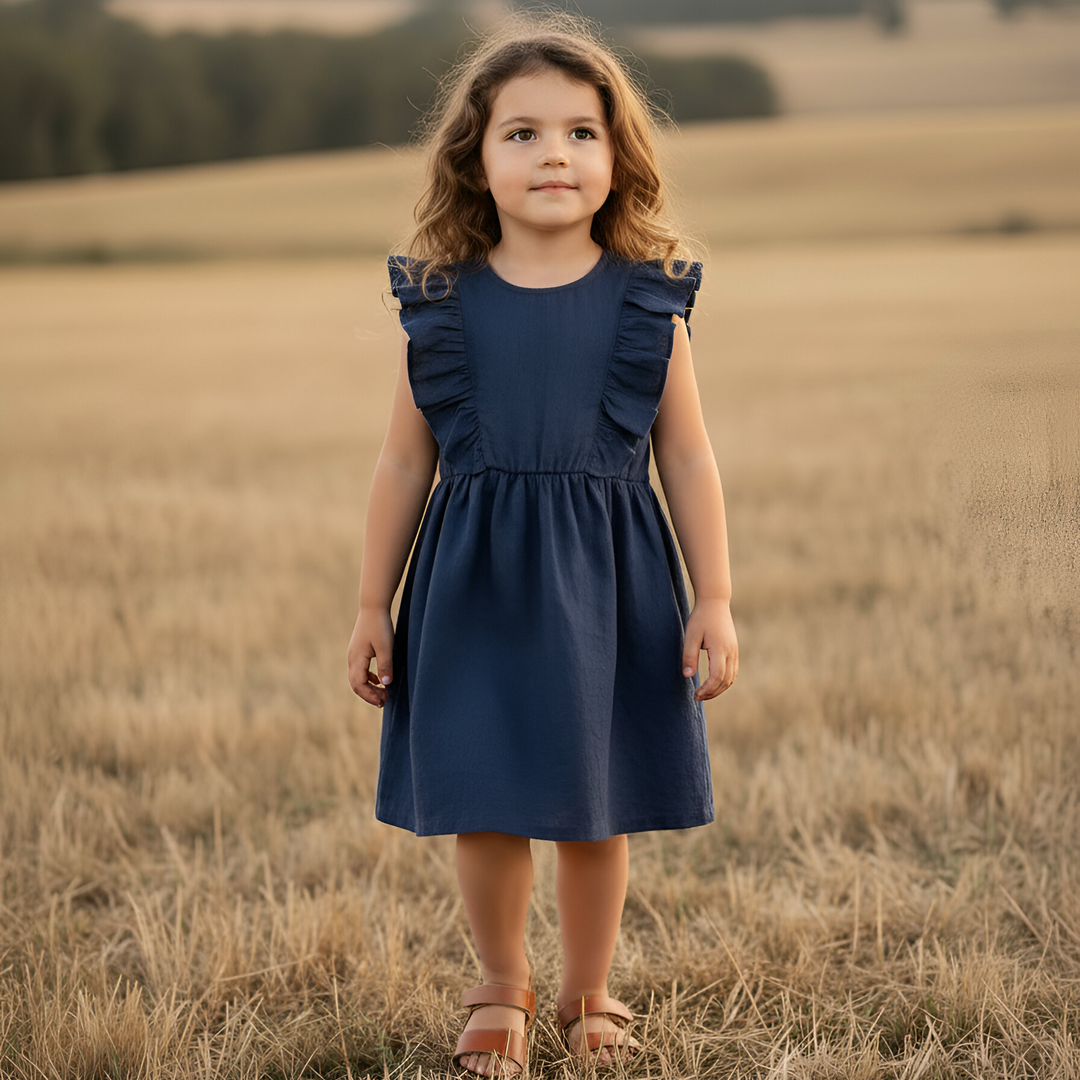 Girls Florence Summer Dress - Navy Linen