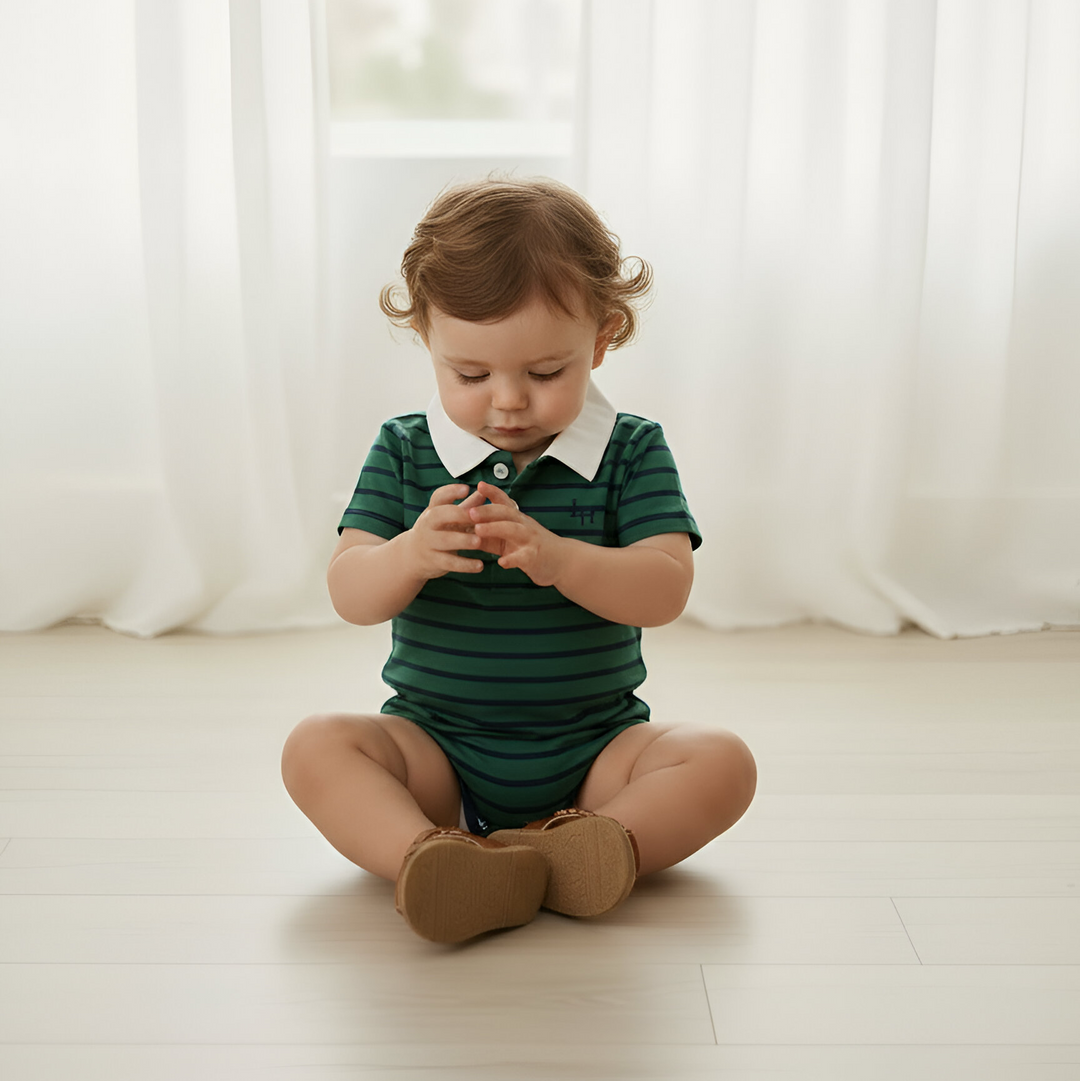Baby Boys Rugby Polo Romper - Green Navy Stripe 26