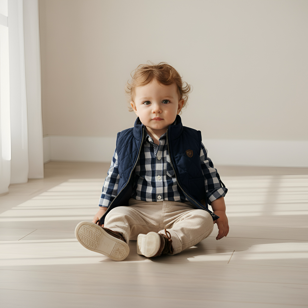 Baby Boys Dress Shirt Romper -  Large Navy Check