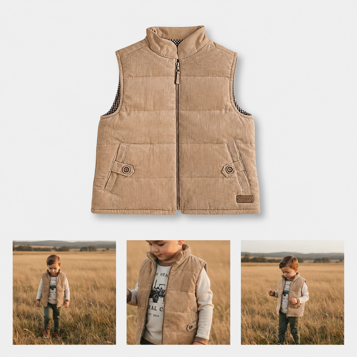 Boys Cooper Puffer Vest - Caramel Corduroy