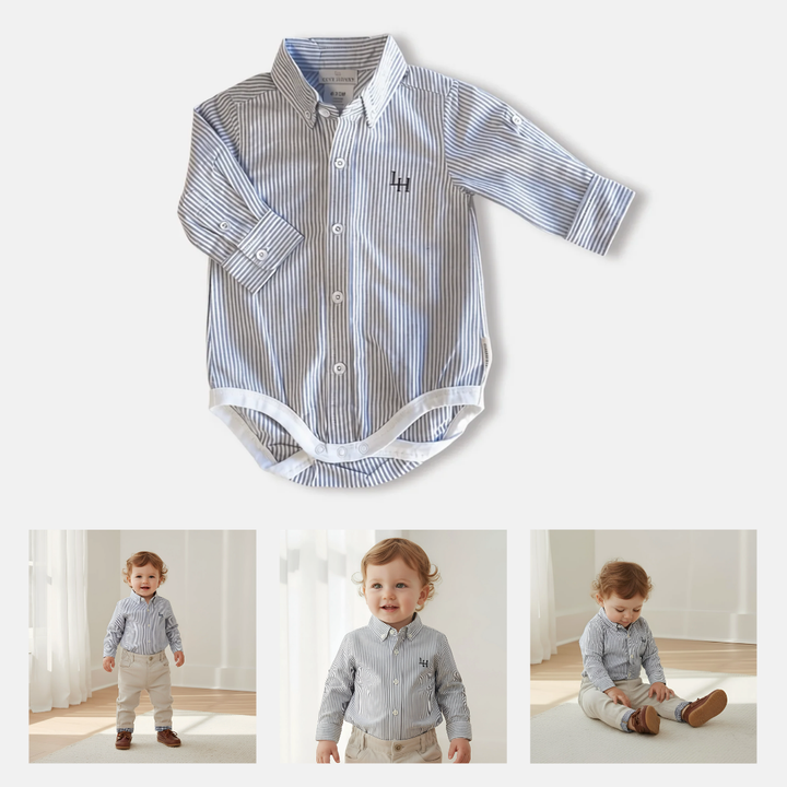 Baby Boys Dress Shirt Romper - Navy Pinstripe