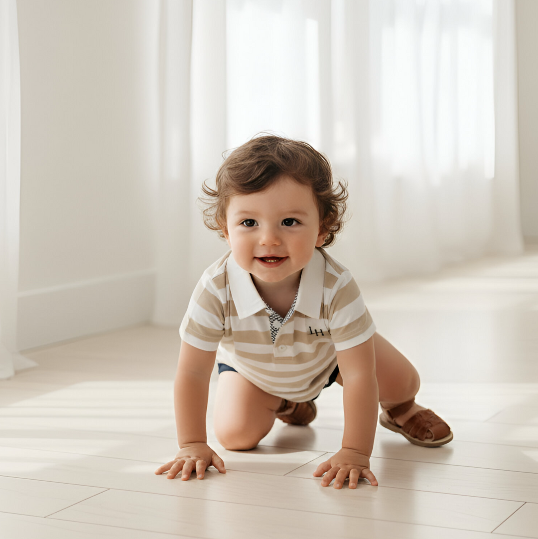 Baby Boys Rugby Polo Romper - Beige Stripe