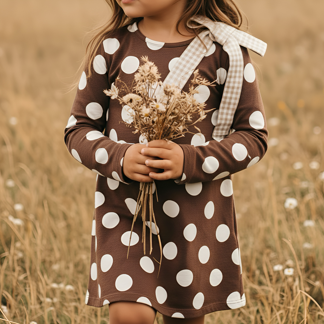 Girls Mary Dress -  Brown/White Spot