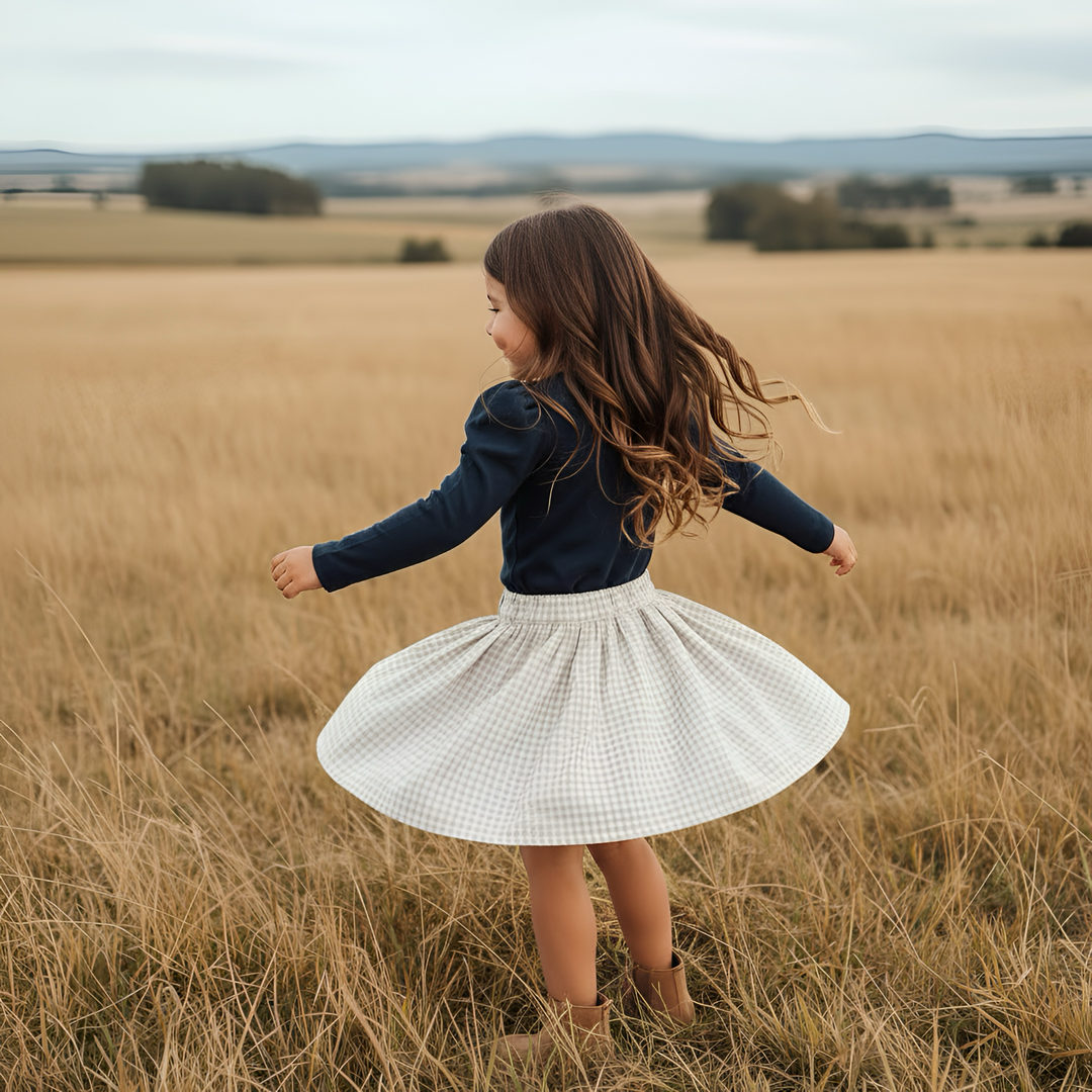 Girls Full Button Skirt - Beige Gingham