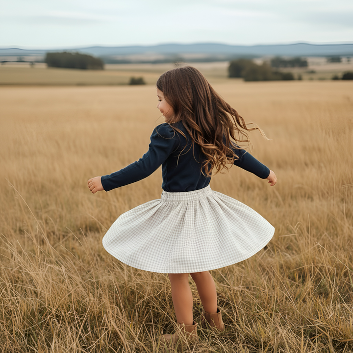 Girls Full Button Skirt - Beige Gingham
