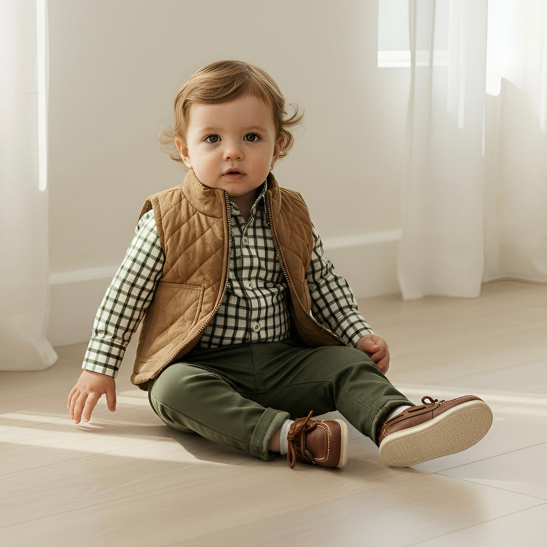 Baby Boys Oxford Shirt Romper - Olive Check