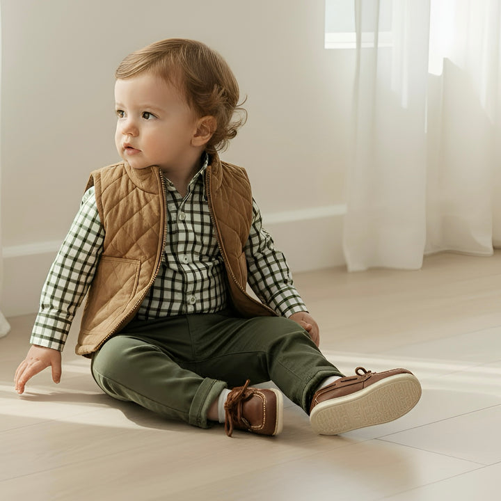 Baby Boys Oxford Shirt Romper - Olive Check