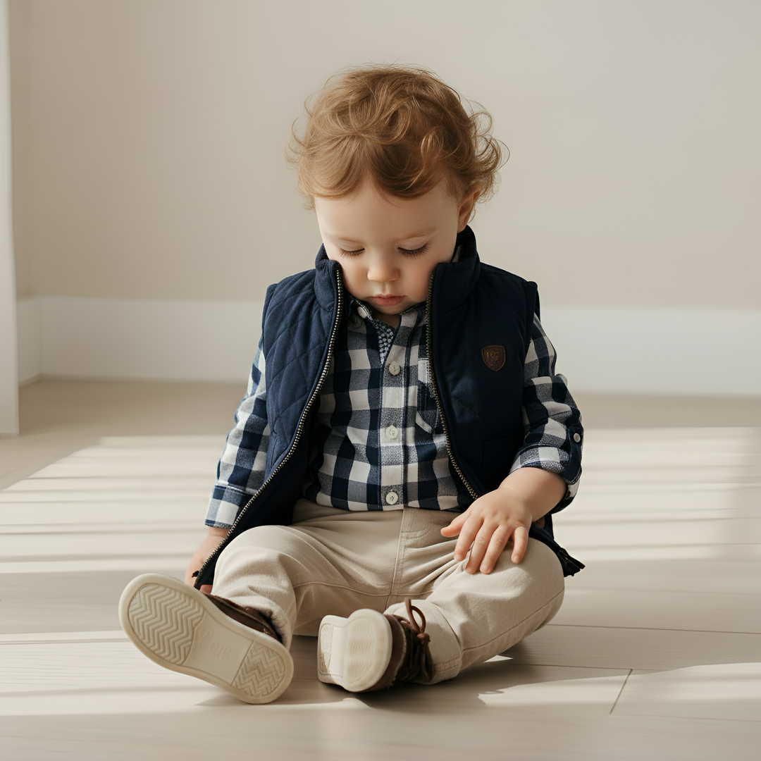 Baby Boys Dress Shirt Romper -  Large Navy Check