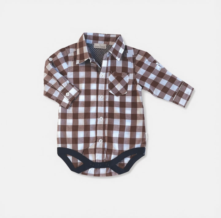 Baby Boys Dress Shirt Romper -  Large Chestnut Check