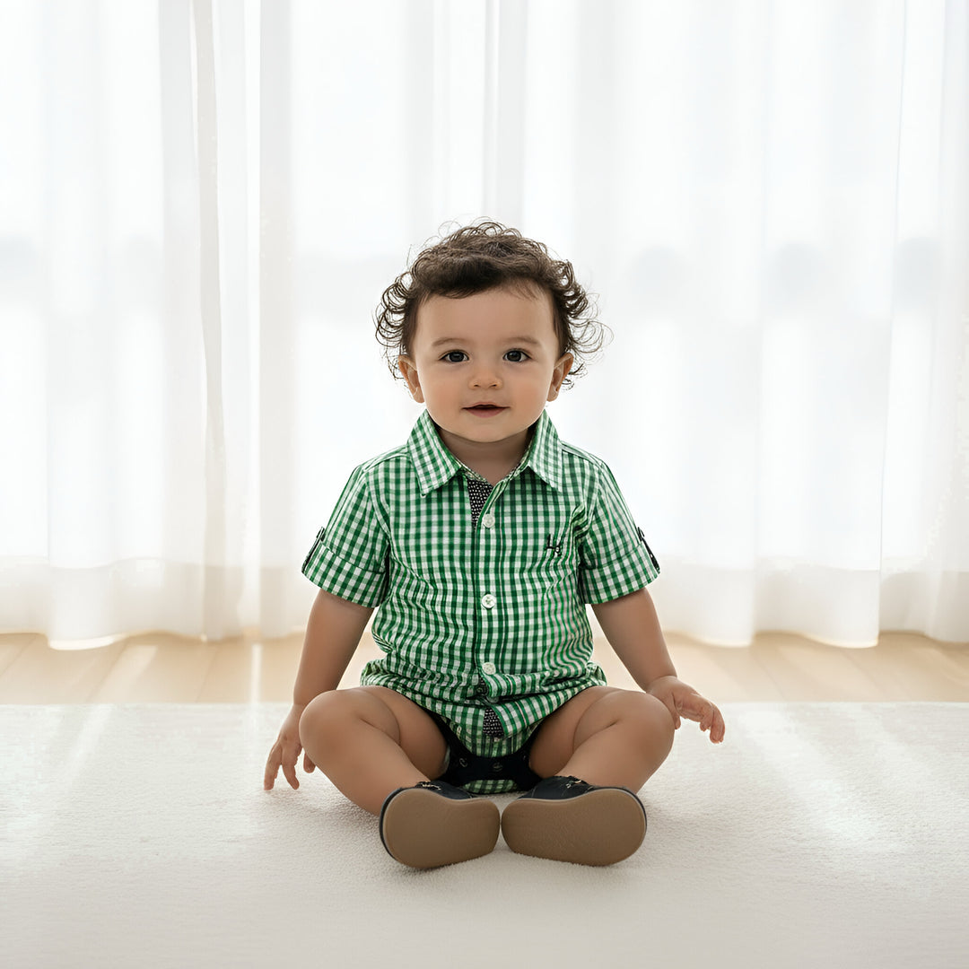 Baby Boys Dress Shirt Romper -  Bright Green Check