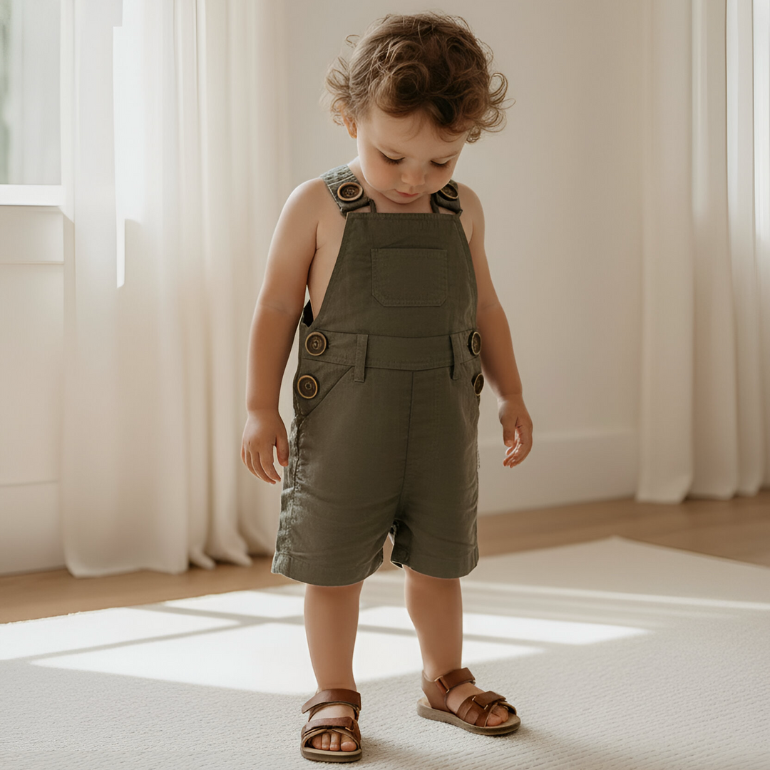 Baby Boys Roy Dungaree - Olive Brown Linen