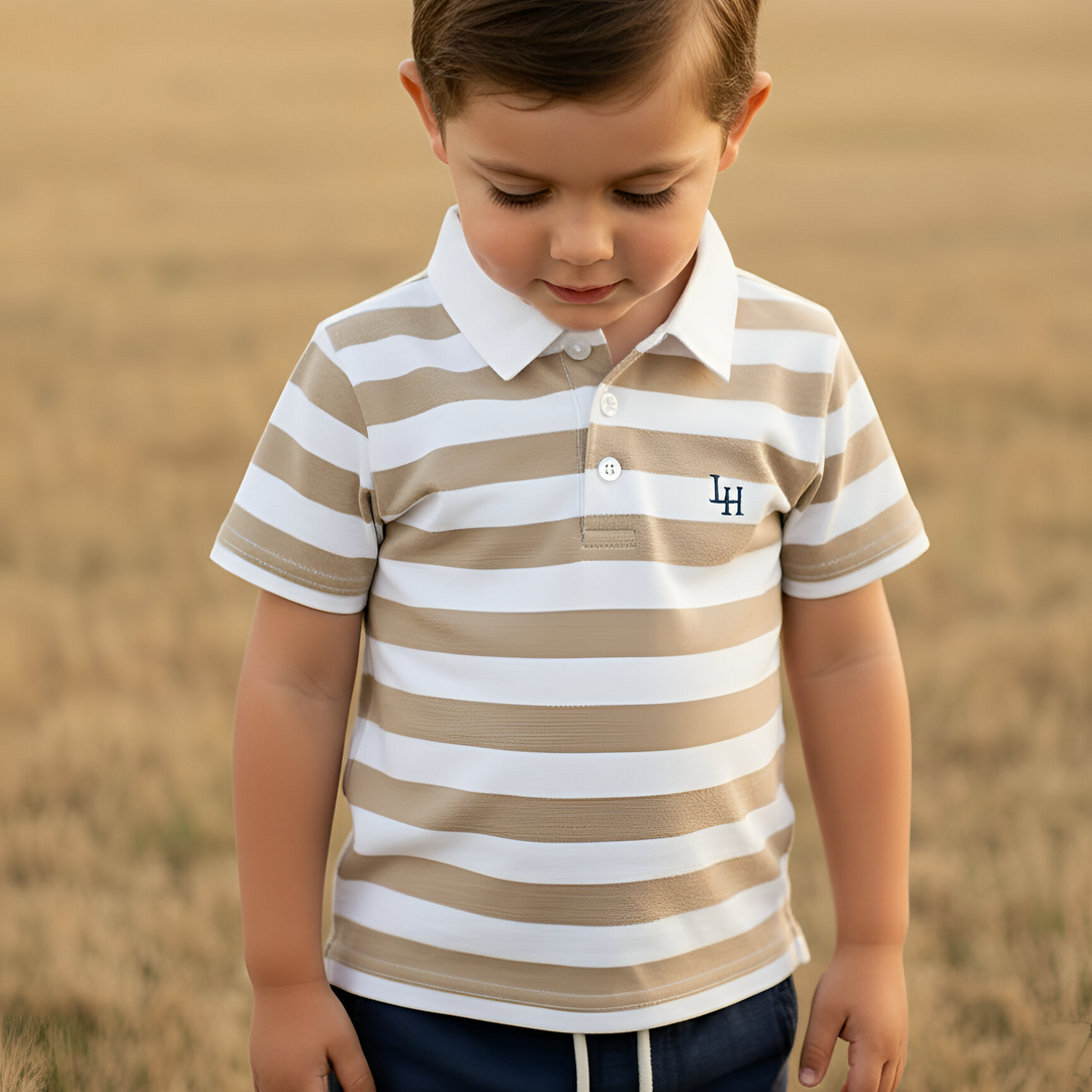 Boys Rugby Polo Shirt - Beige Stripe