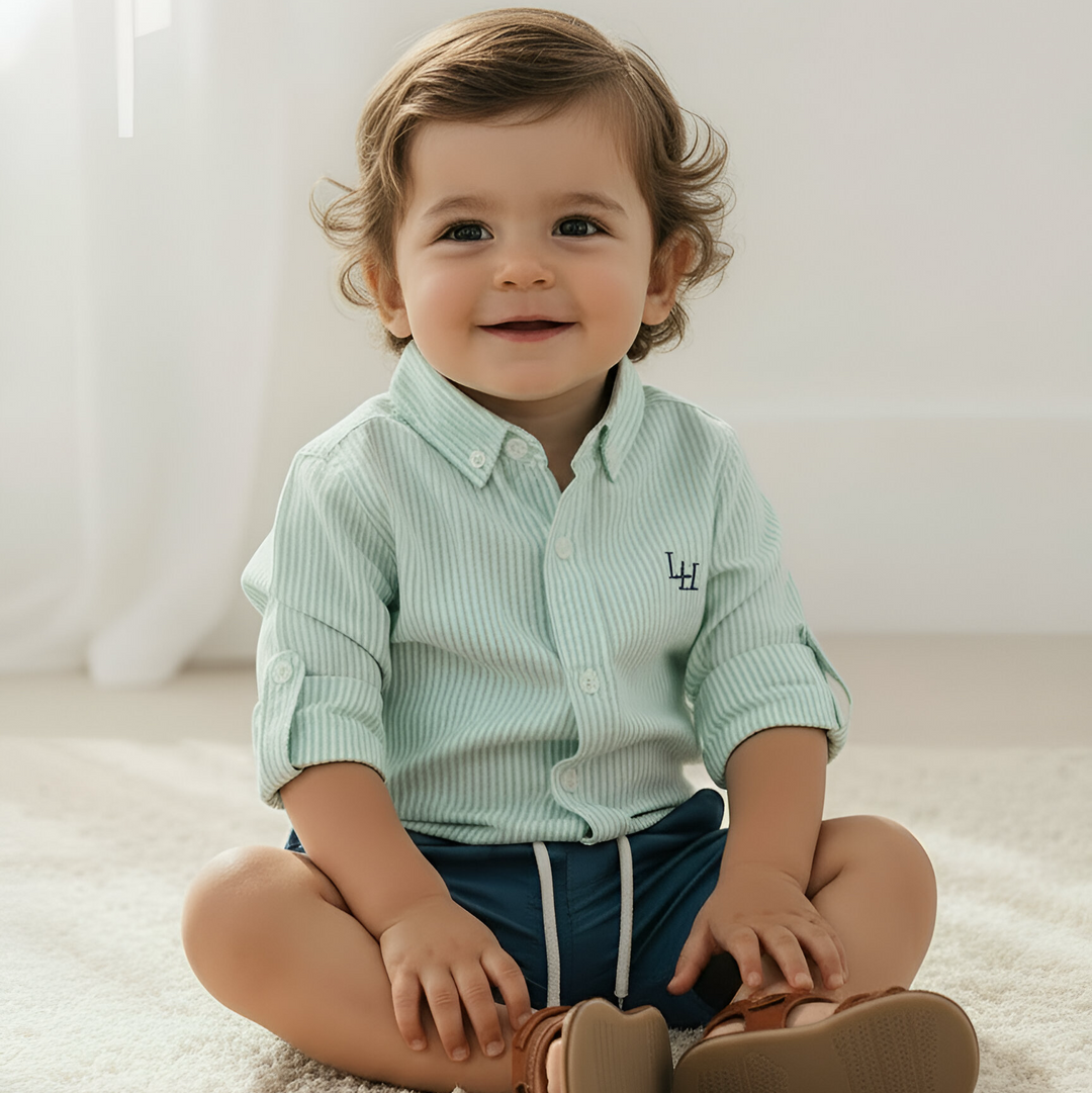Baby Boys Oxford Dress Shirt Romper -  Mint Pinstripe 26