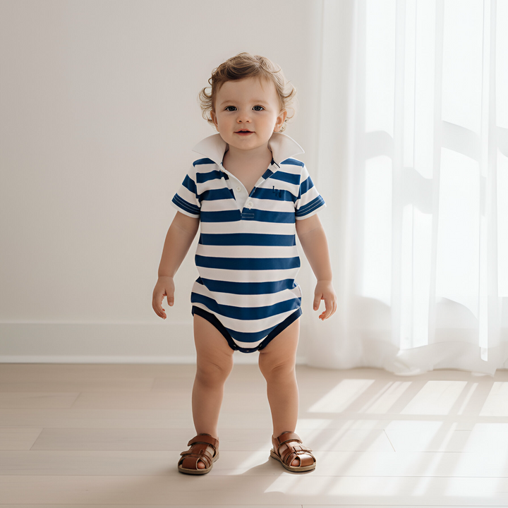 Baby Boys Rugby Polo Romper - Blue Stripe 26